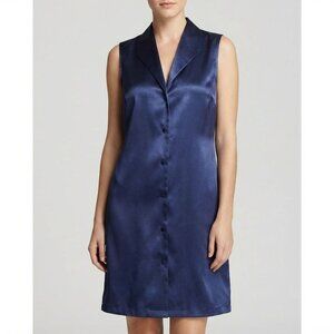 NWT Jones Dress Sz L Navy Blue Satin Mini Sleeveless Button Down Office Evening